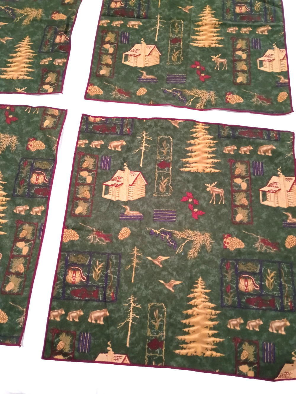 4 Cozy Rustic Cabin Moose Bear Green Hand Made Cloth Napkins 15"